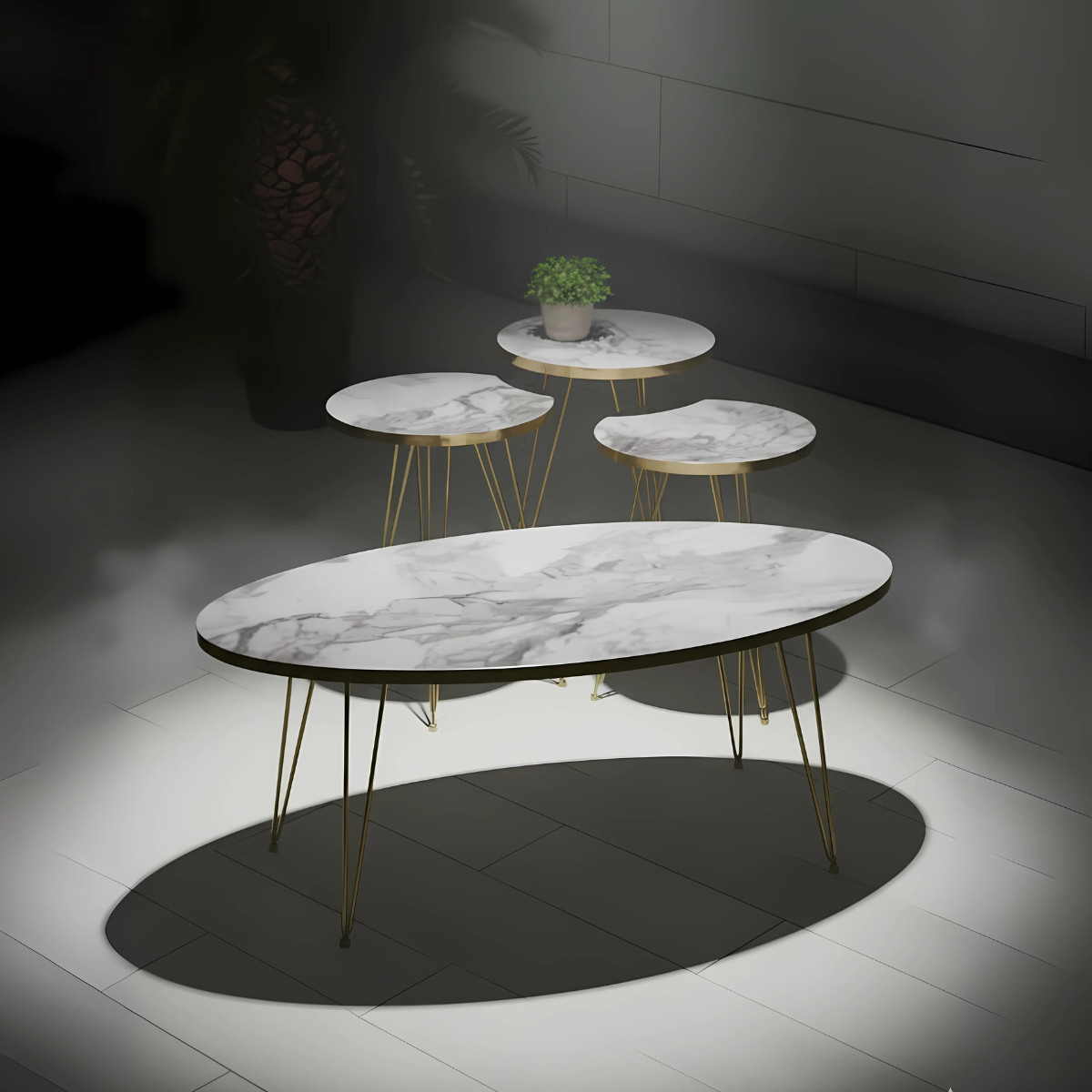 Modern High Gloss Ellipse With Round Coffee Table Set of 4 White/Black Tables Set / Coffee Table
