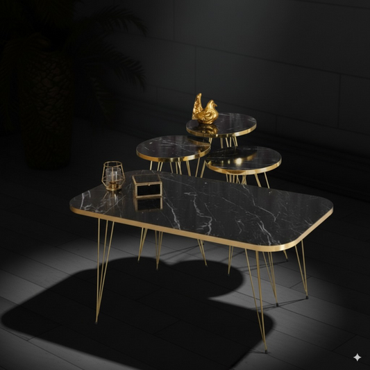 Modern High Gloss Goldy With Round Coffee Table Set of 4 White/Black Tables Set / Coffee Table