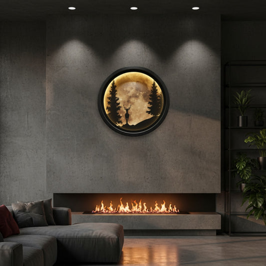 Premium Multi-Color LED Wall Frame – Moonlit Forest Deer Design with Remote & 220V Charger (18x18 Inches)